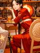 A woman in a red kimono sitting at a table with a drink.