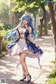 A woman with long blue hair wearing a dress and a crown.